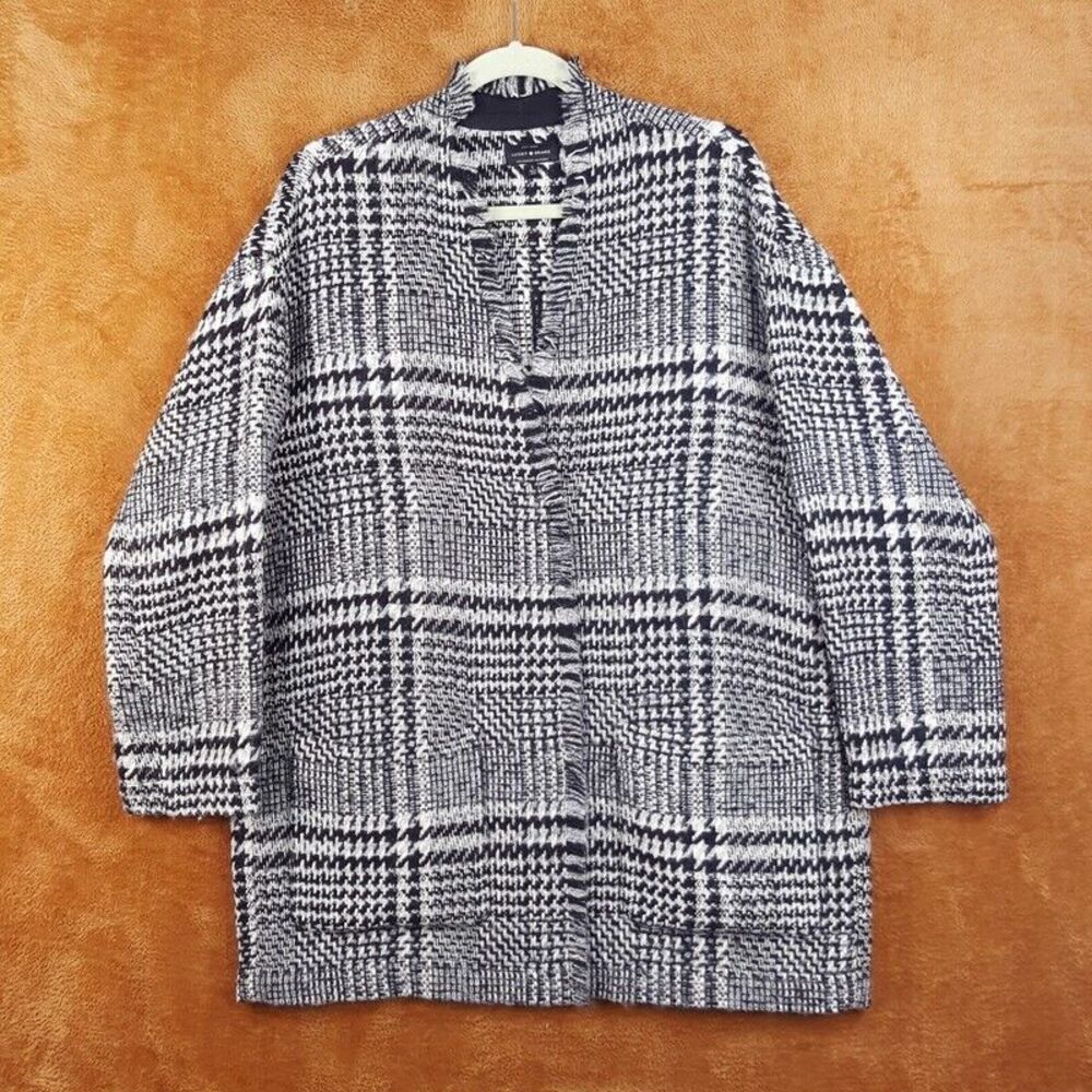 LUCKY BRAND Womens Jacket Large Black Plaid Coat Frayed Knit Coatigan Pockets